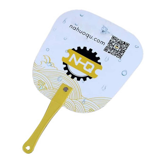 A square hand fan with a yellow handle, featuring a blue and white design and a logo.