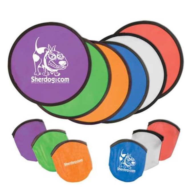A set of folding frisbees in various colours including green, orange, red, white, and blue, each with branding.