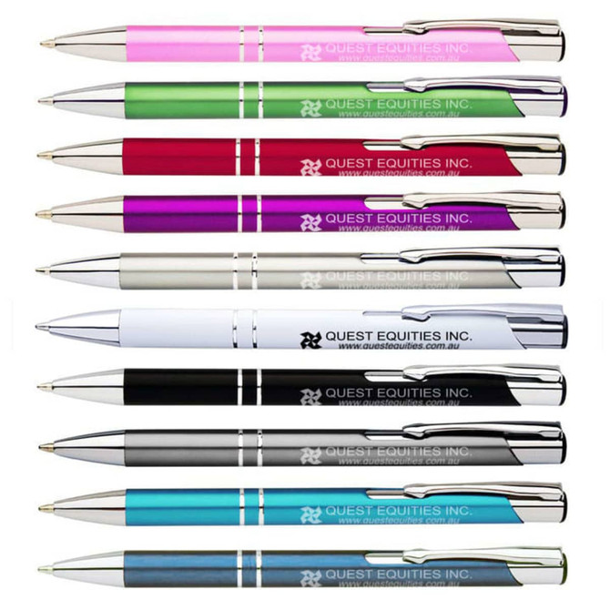 A collection of metal pens in various colours including pink, green, red, silver, blue, black, and white, each featuring a logo.