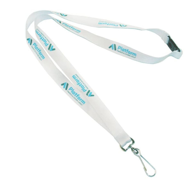 A white bamboo lanyard with a clip and featuring a logo in blue.