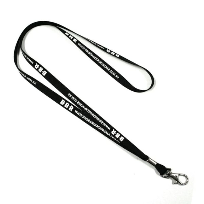 A black screen-printed lanyard featuring a metal clip for attaching items and a branded logo.