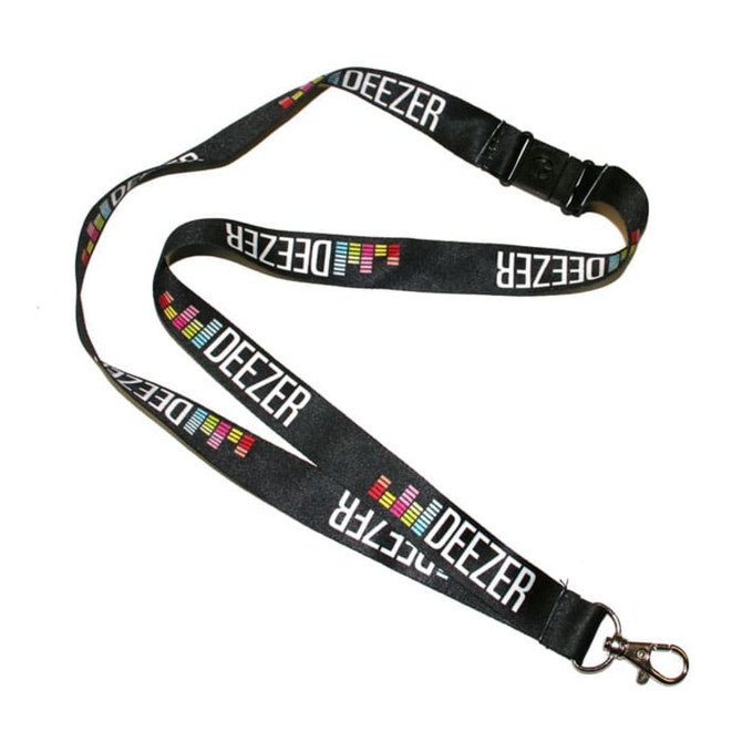 A black lanyard with a logo, featuring dye sublimation printed designs in a repeating pattern.