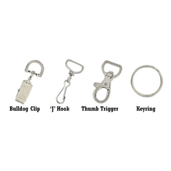 A collection of metal attachments including a bulldog clip, 'J' hook, thumb trigger, and keyring, all in silver.