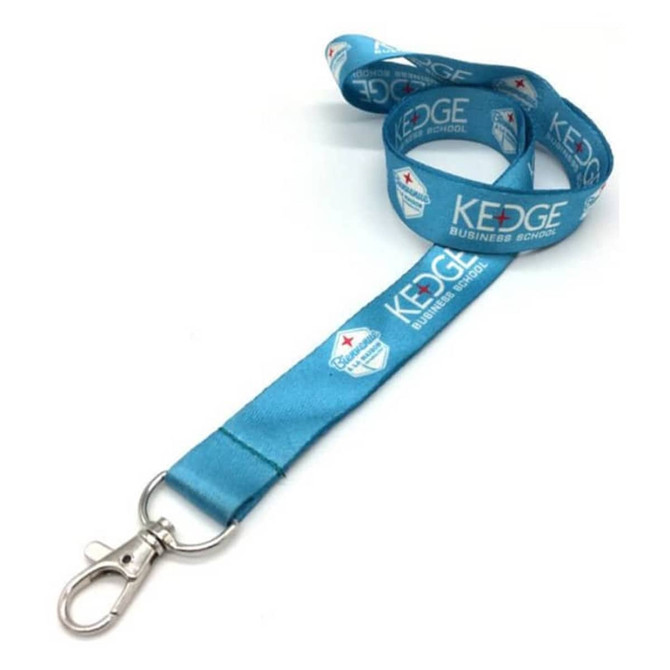 A blue lanyard with a silver clip, featuring printed logos and designs along its length.