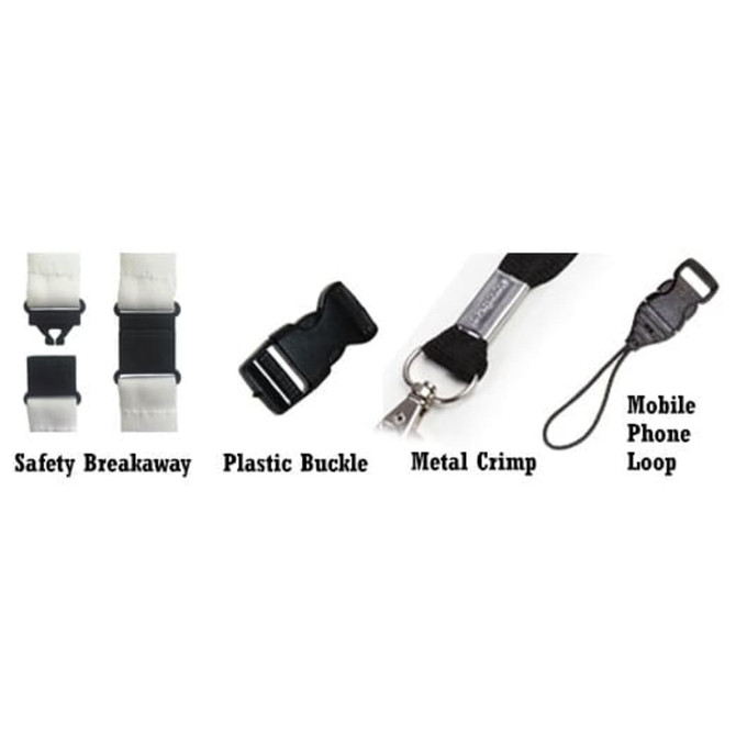 A selection of lanyard components, including safety breakaway, plastic buckle, metal crimp, and mobile phone loop.