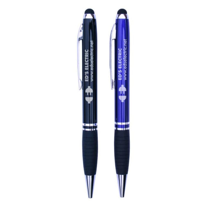 A stylus pen set featuring one black pen and one blue pen, both with grips and branding.