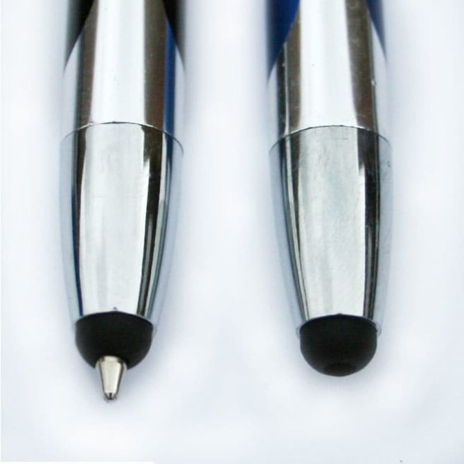 A Duo Stylus Pen featuring a sleek silver and blue design, with a ballpoint tip and a stylus tip at each end.