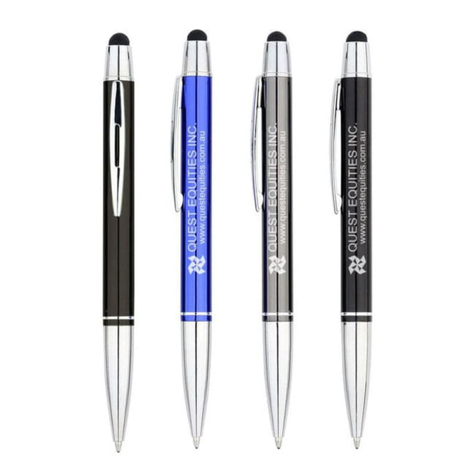 Four stylus pens in black, blue, silver, and black with chrome accents, each featuring a branding logo.