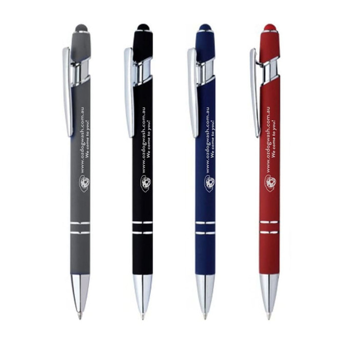 A set of four stylus pens in black, navy, red, and a dark grey, each featuring a silver clip and branding.