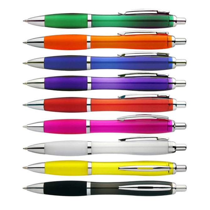 A collection of pens in green, orange, purple, pink, white, and yellow, featuring silver accents and branding.