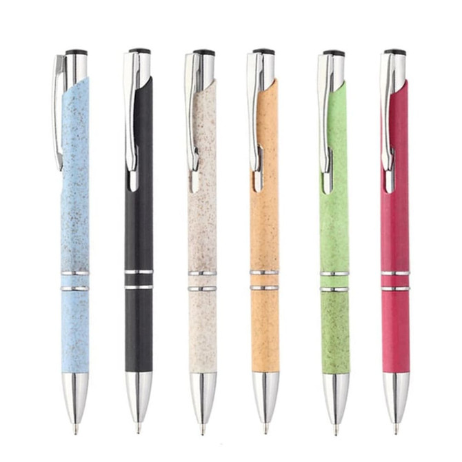 A set of six Concord Wheat Pens in blue, black, grey, orange, green, and red. Each pen has a silver clip and a logo.