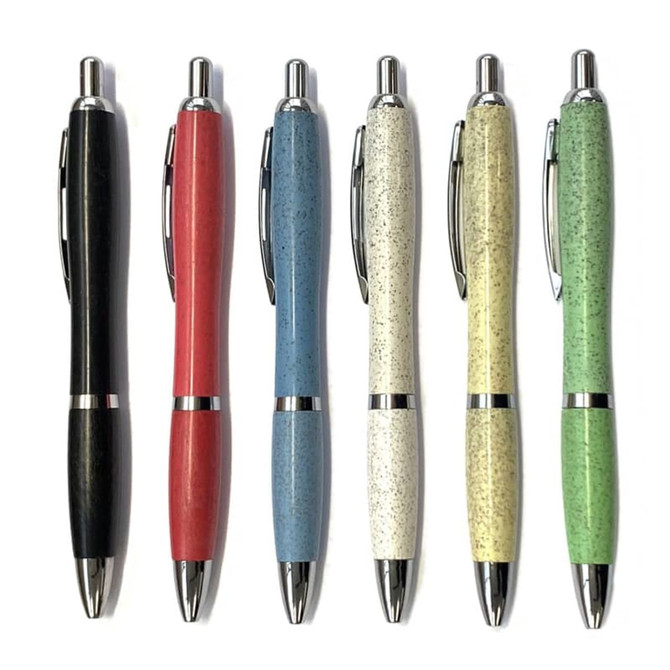 A collection of six Allegra Wheat Pens in black, red, blue, cream, white, and green, featuring a sleek design and a branding element.