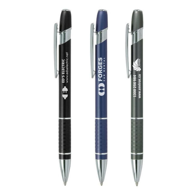 Aversa Metal Pens in black, navy, and grey with chrome accents and branding on each pen.