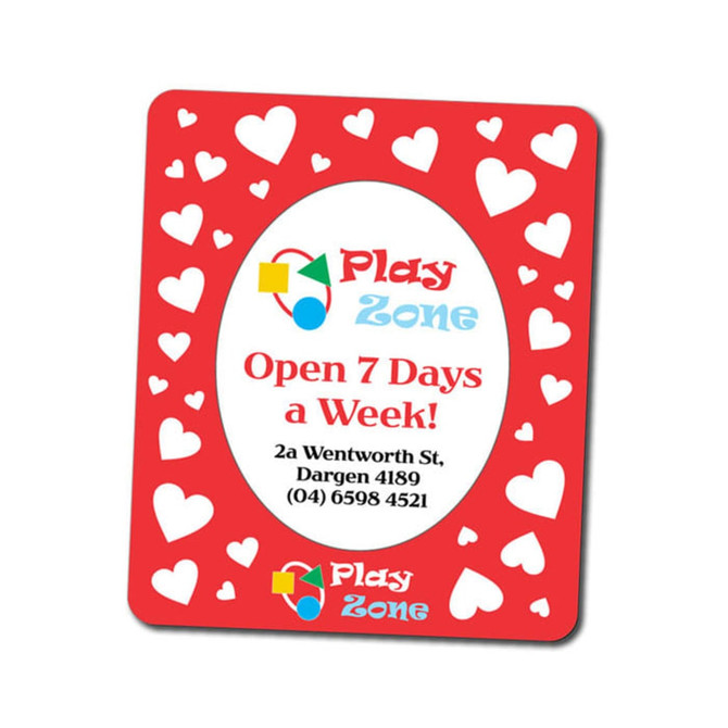 A magnetic photo frame with a red background, white heart patterns, and a logo design, featuring space for a photo or text.