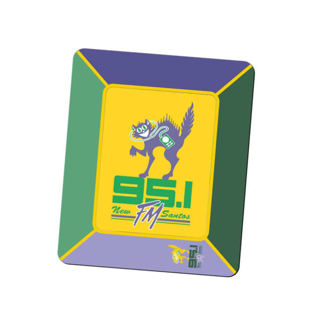 A magnetic photo frame featuring a green and yellow design with an illustration and branding.