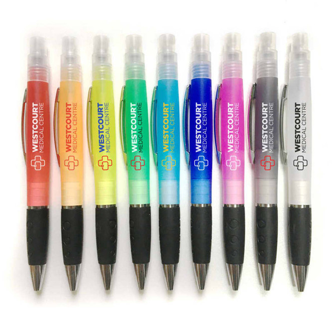 A row of ten sanitiser spray pens in various colours, each with a black rubber grip and a logo.