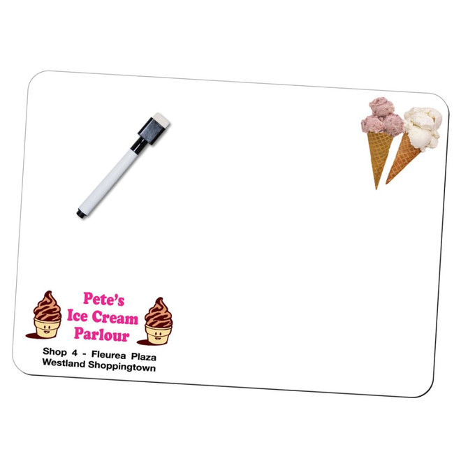 A magnetic whiteboard featuring a black marker, with ice cream illustrations and a logo at the bottom.