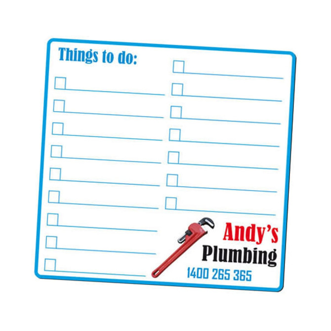 A magnetic whiteboard in blue and white with checklist boxes and a plumbing logo.