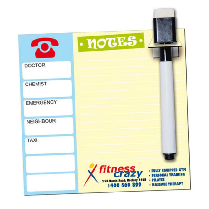 A magnetic whiteboard measuring 146 x 140mm, featuring a light blue background and a white note area with a pen attached.