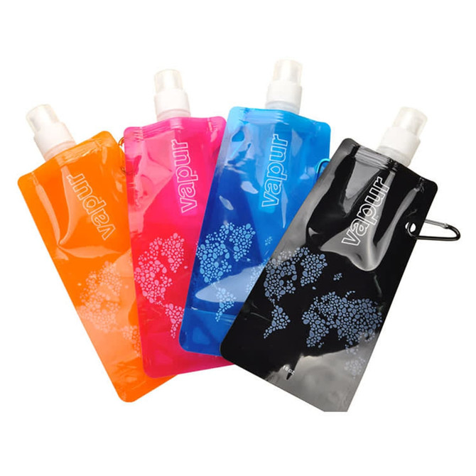 A drink bottle collection featuring orange, pink, black, and blue folding water bottles with a logo.