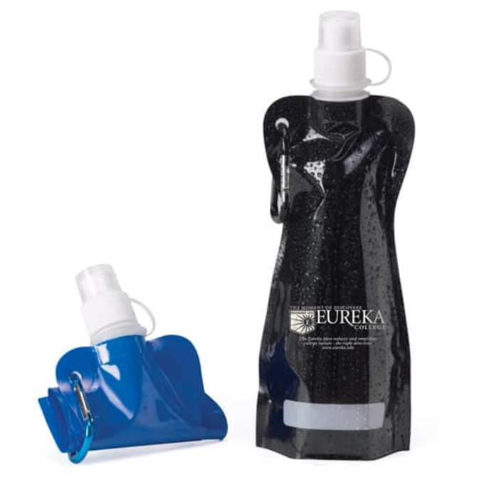 A drink bottle set featuring a folding black bottle and a blue bottle, both with spray tops and clips.