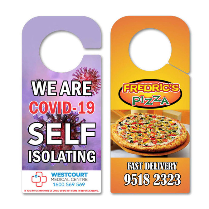 A pair of door hangers featuring a COVID-19 isolation message and a pizza delivery advertisement, in purple and orange colours.