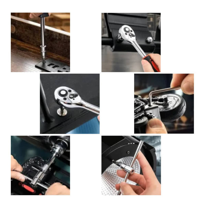 A mechanic socket set featuring various chrome and black tools, including ratchets and sockets, arranged in multiple angles.
