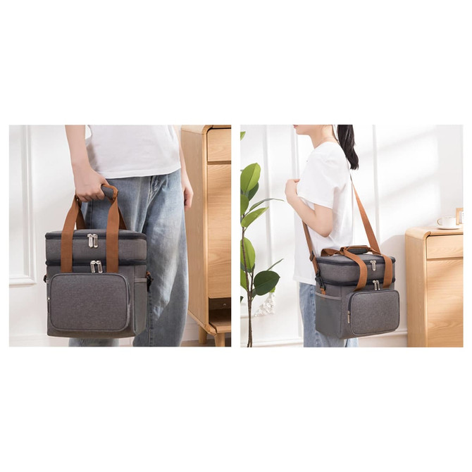A grey 10L cooler bag with brown straps, being carried by a person, featuring a logo on the front.