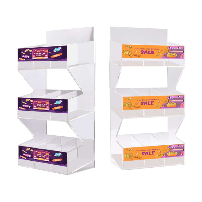 A three-level acrylic display with clear shelves and colourful promotional panels on each level.