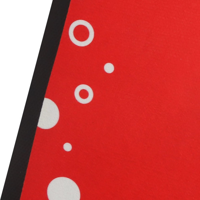 A red bar runner counter mat featuring white circles and a black border, with branding present.