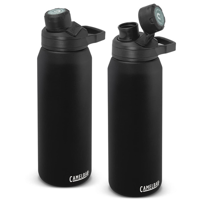 A drink bottle in black with a screw-top lid and a handle. The design features a logo.