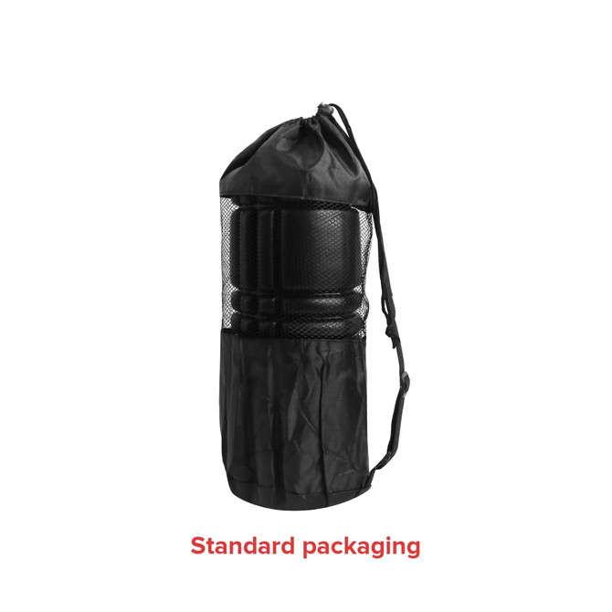 A black foam massage roller in a drawstring mesh bag, featuring a logo on the bag.