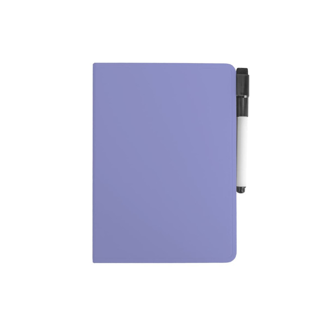 A5 whiteboard notebook in lavender with a black and white pen attached. Features a smooth surface for easy writing.