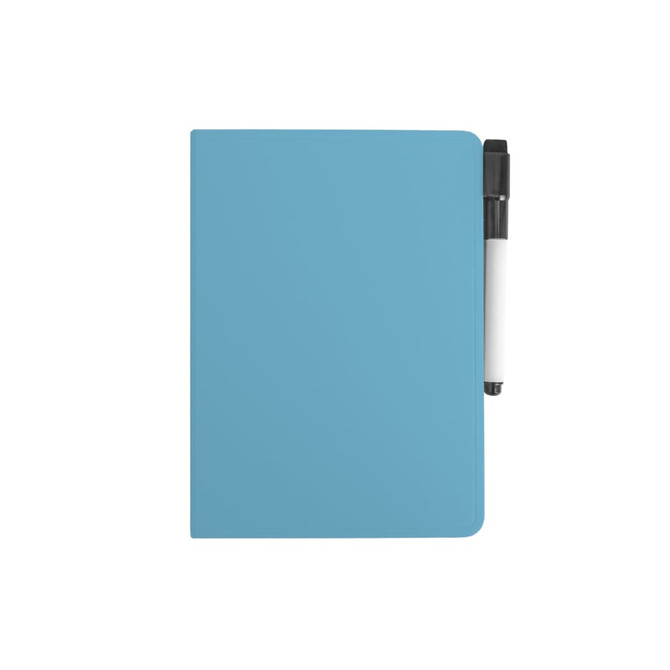 A5 whiteboard notebook in blue with a black and white pen attached. Suitable for office and business use.