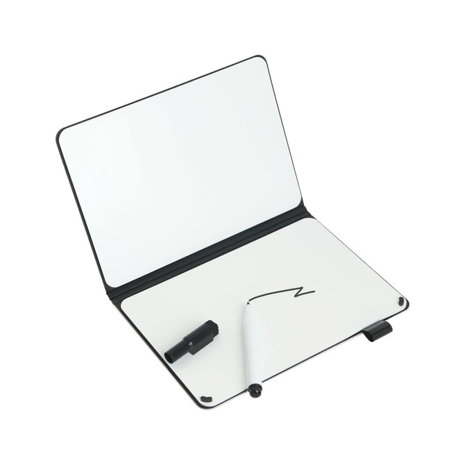 A5 whiteboard notebook with a black cover and black marker, featuring blank white writing surfaces inside.