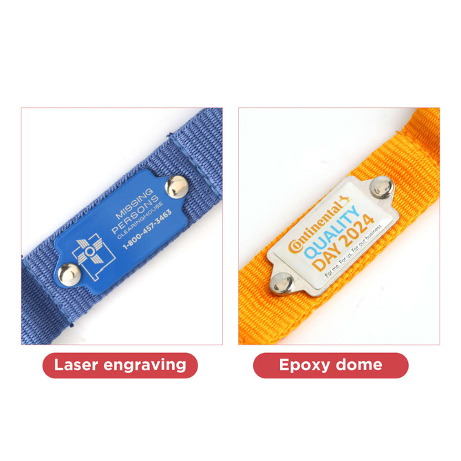 Two product tags displayed: one with a blue background and laser engraving, the other with an orange background featuring an epoxy dome.