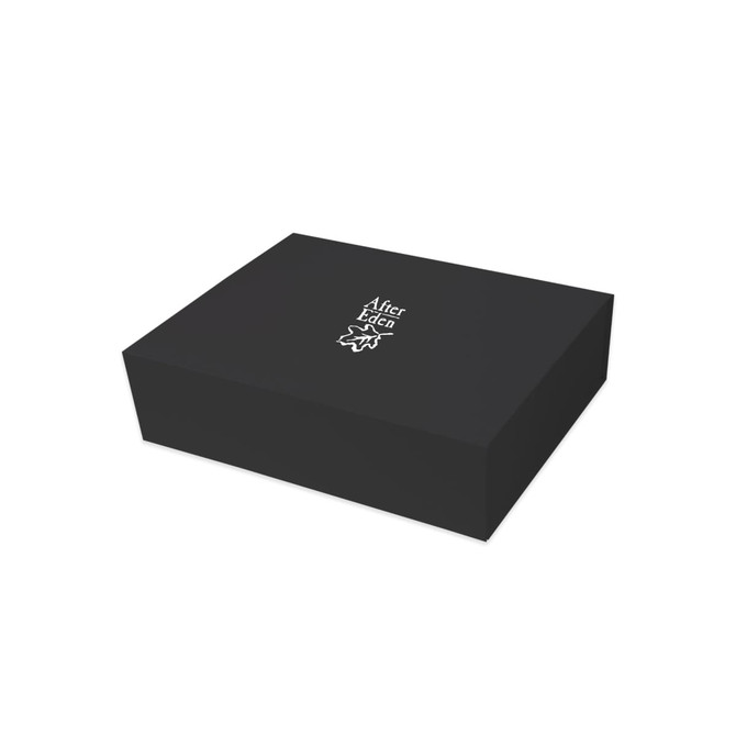 A black foldable magnetic box with a logo on the top surface, designed for packaging.