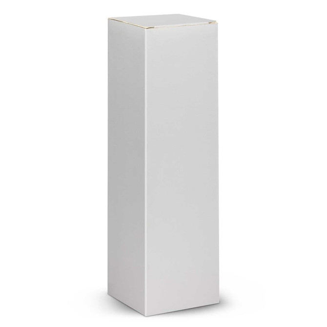A tall white box with a flat top, featuring a simple design and no visible branding.