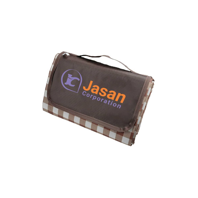 A large brown picnic blanket with a plaid pattern and a branding logo on the front. It features a carrying handle.