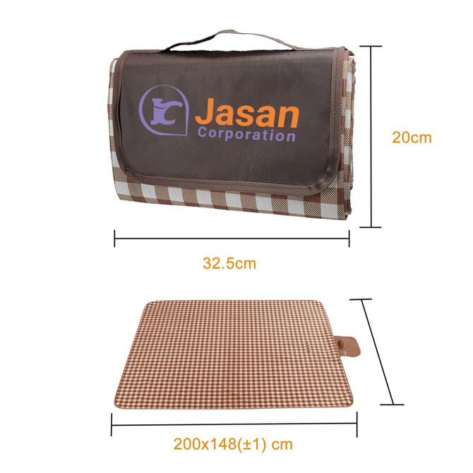 A large picnic blanket featuring a checkered brown design, with a brown carry handle and a logo.