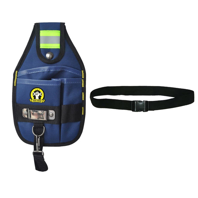 A portable tool waist pouch in navy blue with reflective stripes, featuring pockets and a belt for attachment.