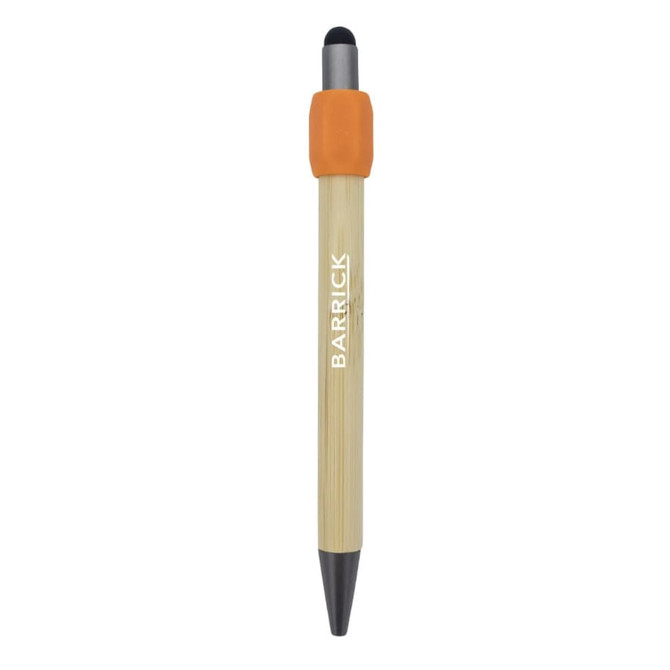 A bamboo spinner pen with an orange grip and black tip, featuring a logo.