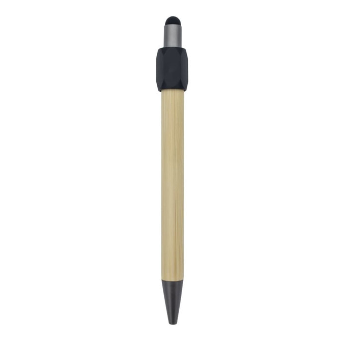 A bamboo pen with a black tip and a textured black grip, featuring a branding logo.