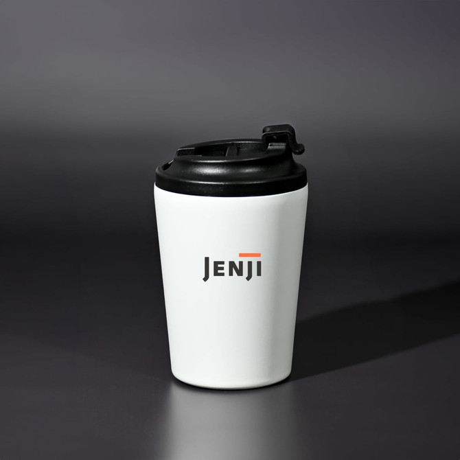 A drink bottle with a white body and black lid, featuring a logo on the front.