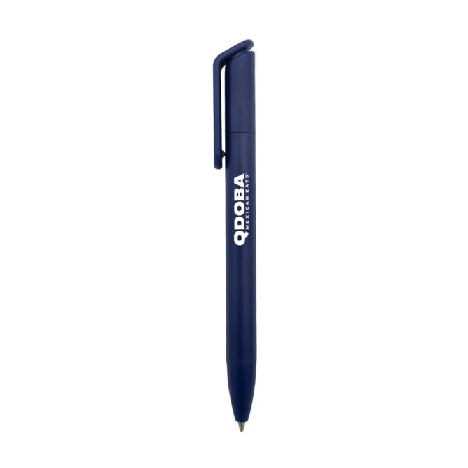 A dark blue ballpoint pen with a clip and a logo on the barrel.