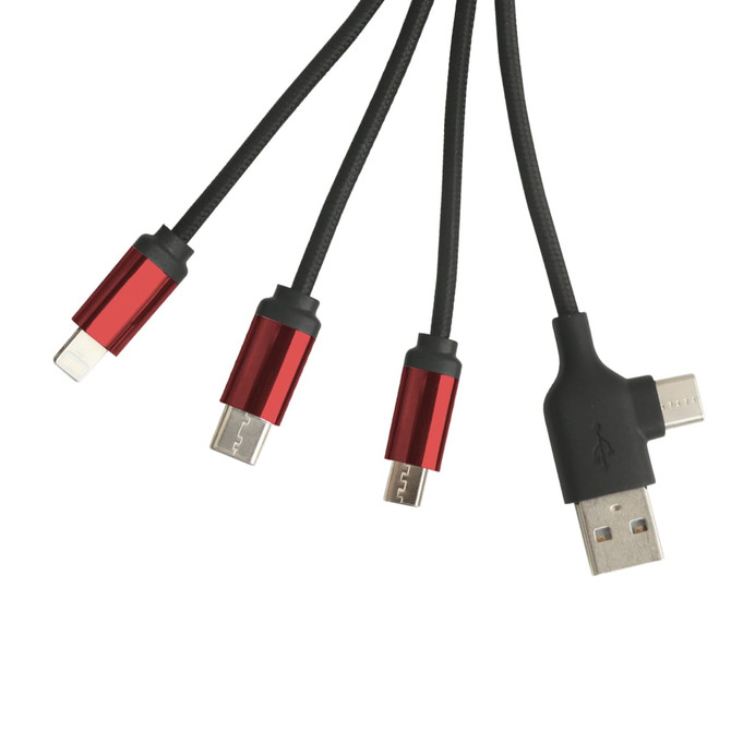 A round-shaped multi charging cable featuring three connectors with red metallic accents on a black cord.