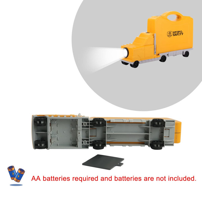 A yellow truck-shaped tool kit with wheels, featuring a flashlight and a compartment for batteries.