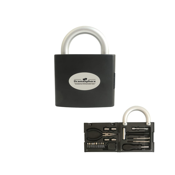 A padlock-shaped toolkit in black and silver, featuring various tools and a logo on the front.