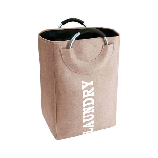 A laundry basket with a handle, featuring a neutral brown colour and a simple design.