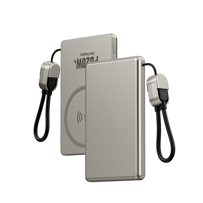 A metallic grey 5000mAh aluminum power bank with a connector and wireless charging feature. It has a logo on it.